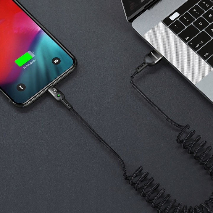 MCDODO KABEL USB-C SPIRALNY SPRĘŻYNOWY SZYBKIE ŁADOWANIE USB TYP C LED 2M