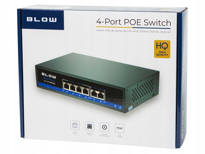 SWITCH POE DO KAMER 4xPOE 100Mbps 2xUpLINK 75W BLOW Extend mode