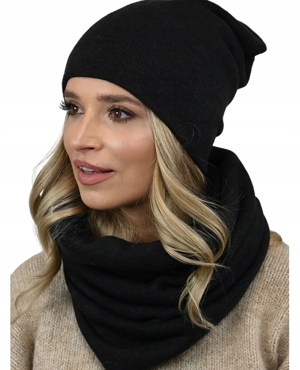 POLSKI Komplet CZAPKA + KOMIN Tunel Szal - CZARNY komplet damski na