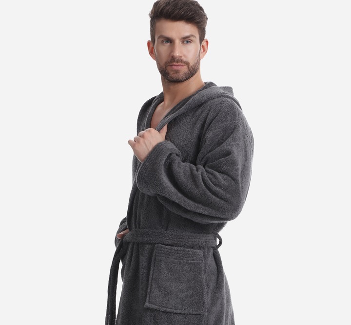 Szlafrok Męski z Kapturem Frotte 100% Bawełna Kieszenie L-101