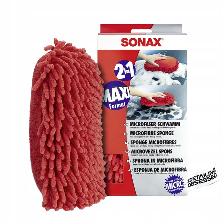 GĄBKA DO MYCIA AUTA SONAX 2w1 z mikrofibry uniwersalna struktura czerwona