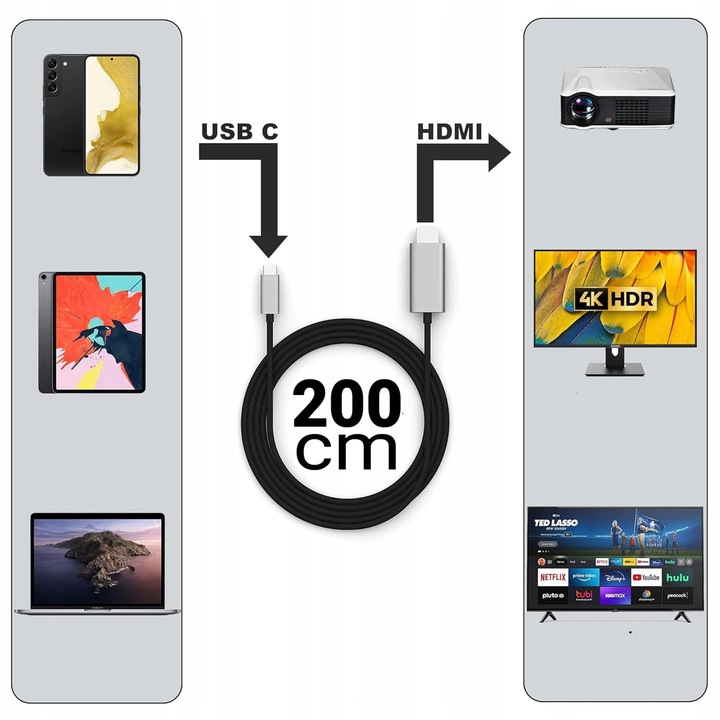 KABEL PRZEWÓD ADAPTER PRZEJŚCIÓWKA USB-C 3.1 TYP C DO HDMI 4K MHL 200cm 2M