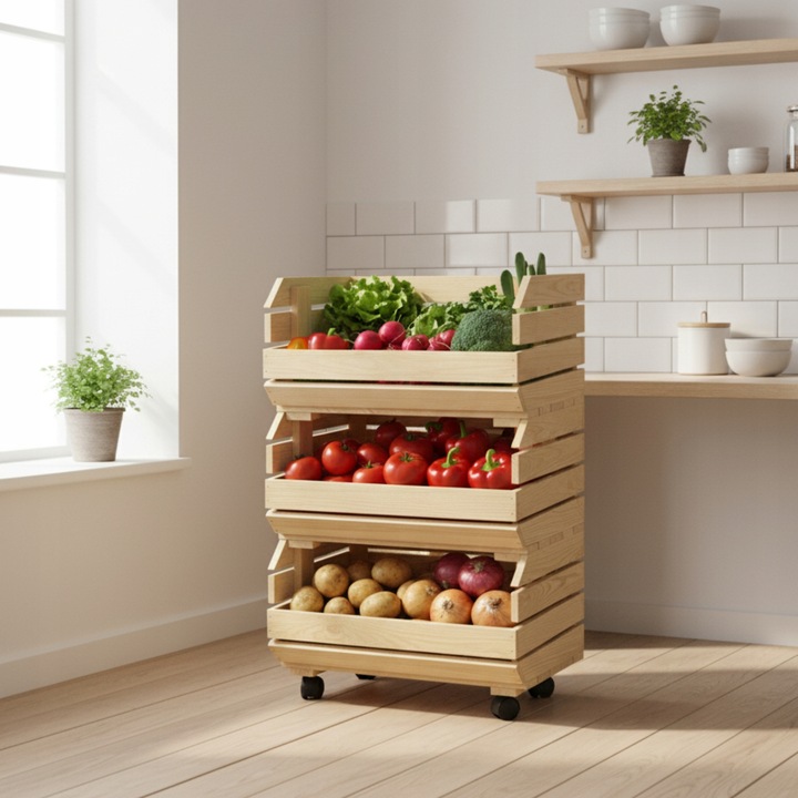 Wózek na WARZYWA OWOCE na KÓŁKACH Regał MODUŁOWY Pojemnik Drewniany