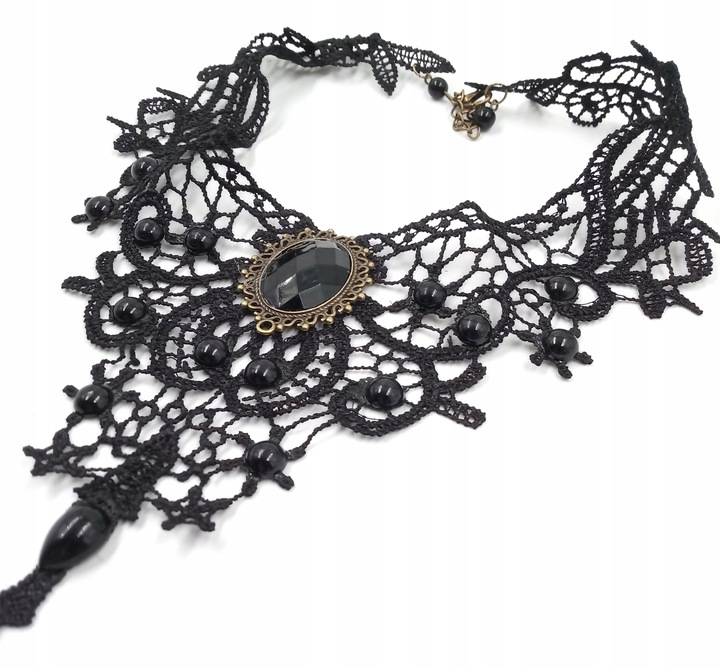 Naszyjnik gotycki koronkowy czarny choker kamień