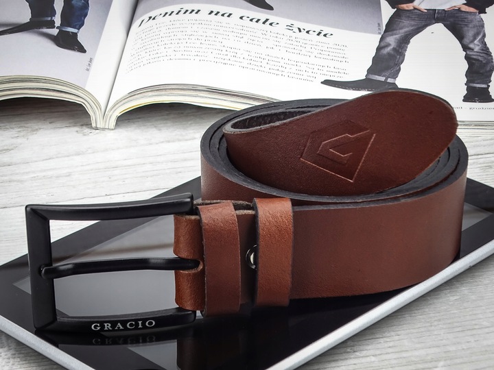 GRACIO meski skorzany PASEK brazowy KLAMRA czarna