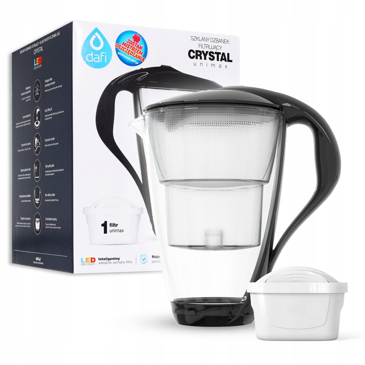 Dzbanek filtrujący szklany Dafi Crystal LED + 1 filtr UNIMAX CZARNY