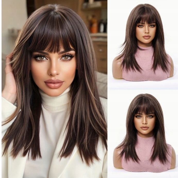 Peruka Tkana Damska Ciemno-Brązowa Elegancki Prosty Strój z Frędzlami