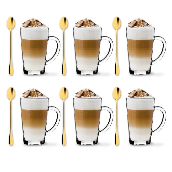 Wysokie SZKLANKI DO LATTE do kawy ZESTAW szklanek 6 szt. + długie ŁYŻECZKI