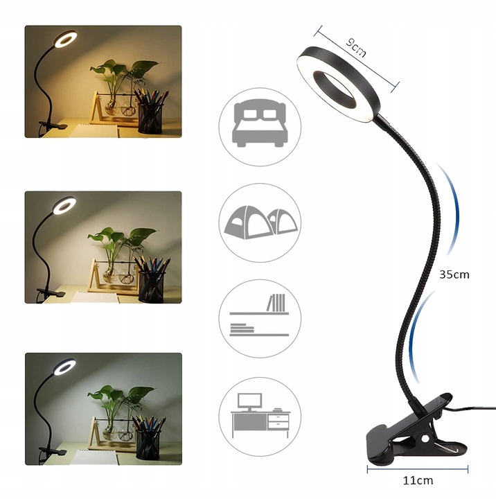 LAMPKA LED BIURKOWA KLIPS DO CZYTANIA USB 3 ODCIENIE ŚWIATŁA REGULACJA 360
