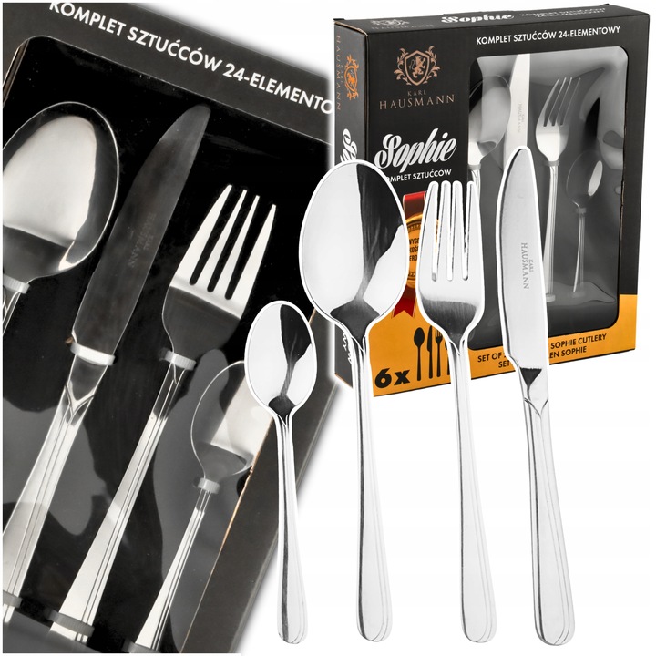 SZTUĆCE ZESTAW SZTUĆCÓW KOMPLET 24el dla 6 osob SOPHIE+PUDEŁKO POŁYSK