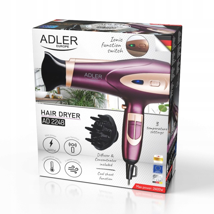 SUSZARKA DO WŁOSÓW Z JONIZACJĄ 2400W Zimny nawiew + Koncentrator i