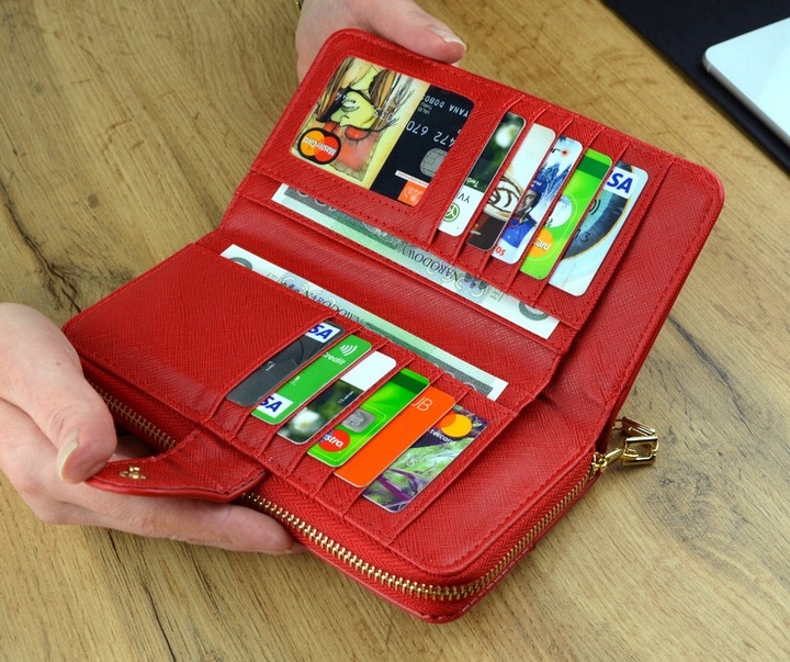 PORTFEL DAMSKI PODWÓJNY Czerwony Organizer Duży stylowy