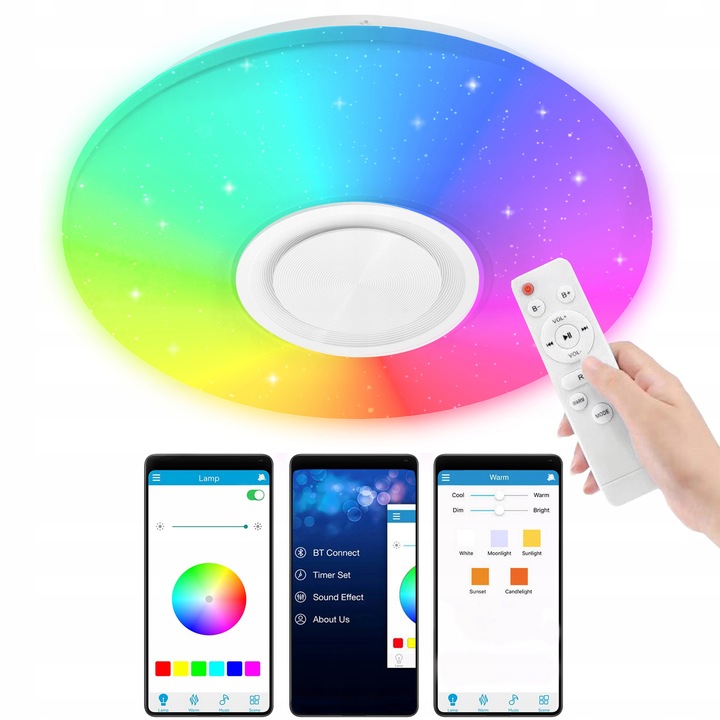 Lampa plafon LED RGB Kolorowa GŁOŚNIK Bluetooth 60w + Pilot Aplikacja