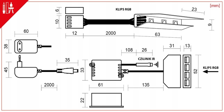 2x KLIPS LED RGB DO PÓŁKI SZKLANEJ PODŚWIETLENIE SZYBY ZMIANA KOLORÓW