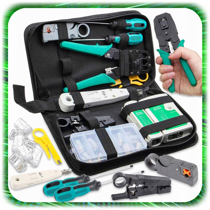 TESTER KABLI SIECIOWYCH RJ45 Przewodów Zaciskarka ZESTAW Sieci LAN ŚCIĄGACZ