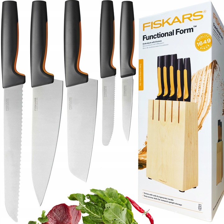 FISKARS ZESTAW KOMPLET 5 NOŻY SZEFA W BLOKU drewnianym łącznie 6 EL