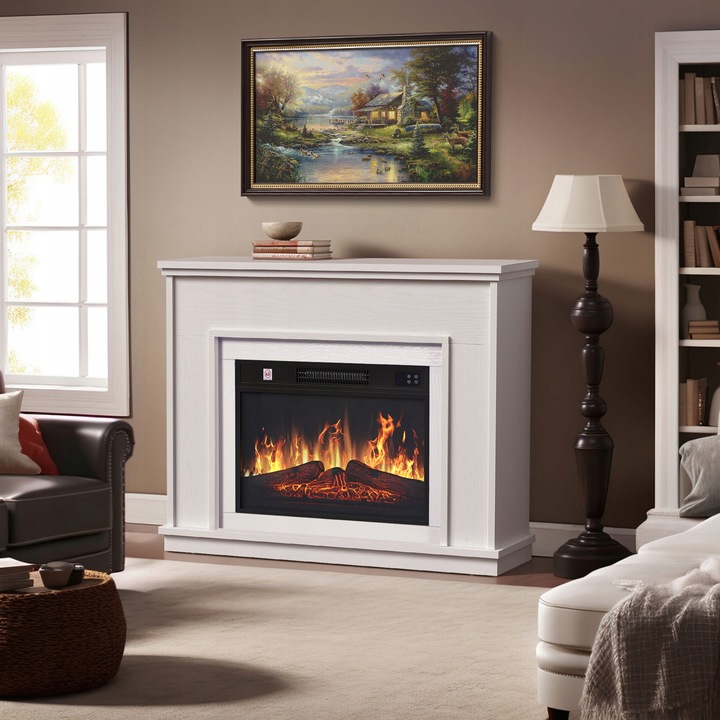 Kominek elektryczny z ogrzewaniem, płomień 3D, luksusowy biały