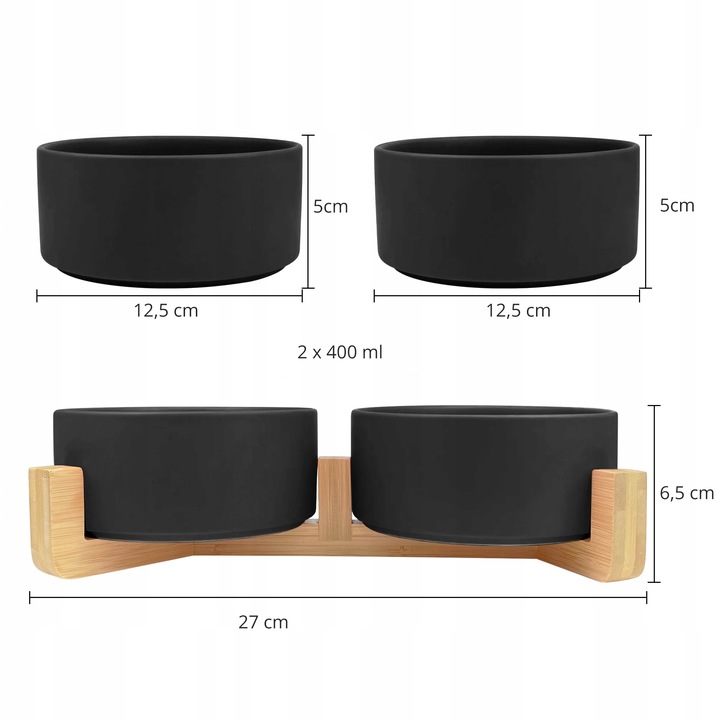 MISKA CERAMICZNA PODWÓJNA DLA PSA I KOTA 2 MISKI DREWNIANA PODSTAWA 2x400ml