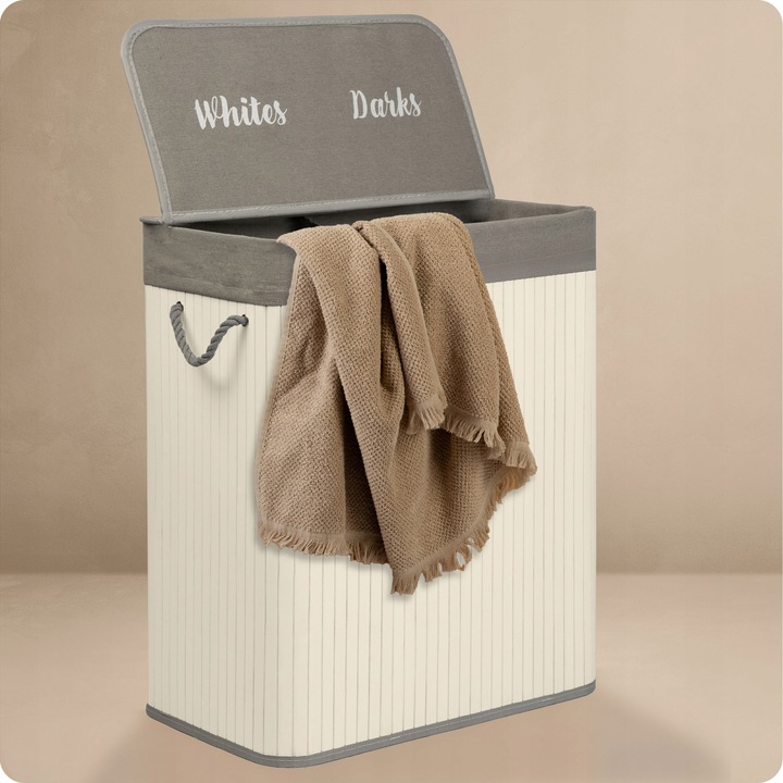 BAMBUSOWY KOSZ NA PRANIE BIELIZNĘ DUŻY POJEMNIK Z POKRYWĄ 2 KOMORY 100L