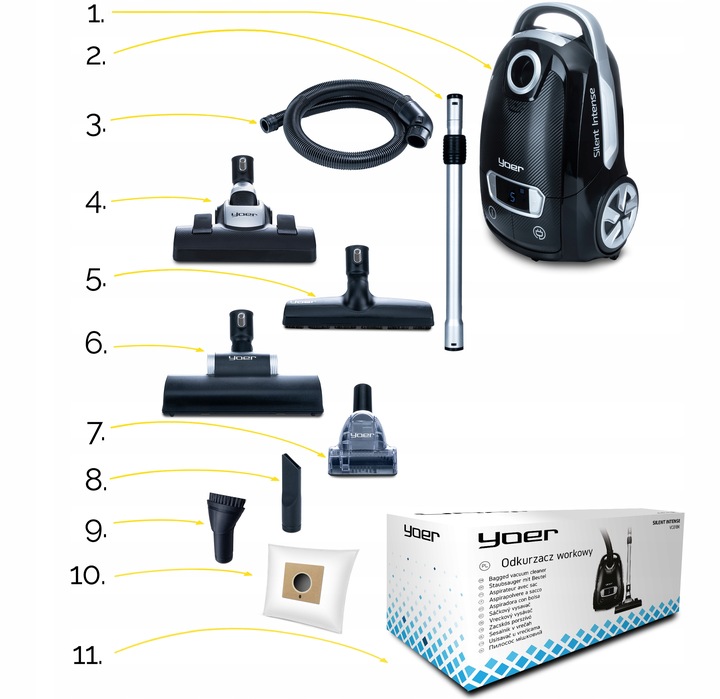 Cichy Odkurzacz workowy Yoer HEPA +6 szczotek INTELIGENTNY +PILOT