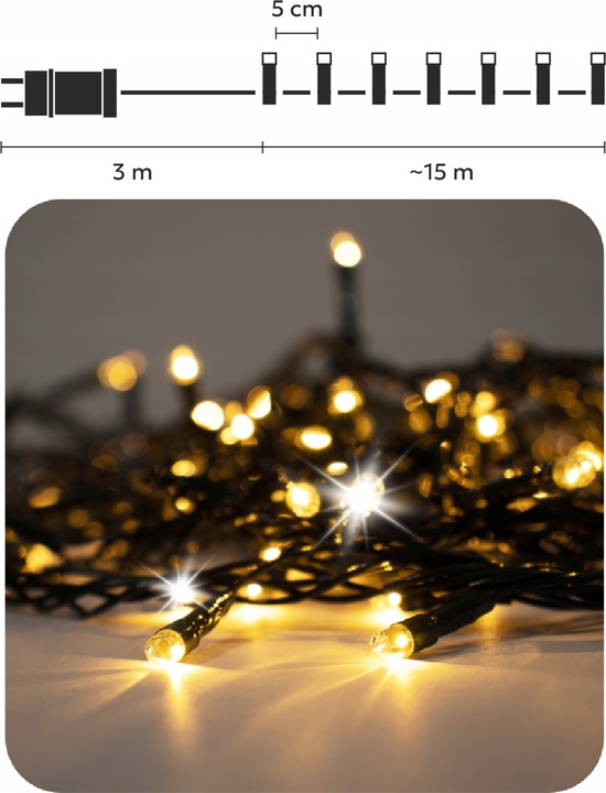 LAMPKI CHOINKOWE 300 LED ZEW/WEW 18M CIEPŁY BIAŁY EFEKT FLASH