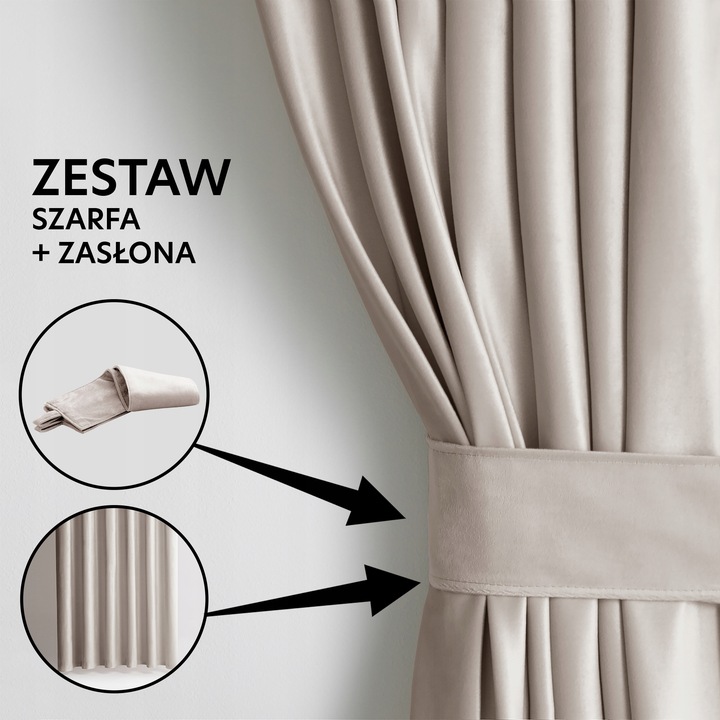 RESTILO Zasłona welurowa plus szarfa up taśma 140x245 Chłodny Beż do