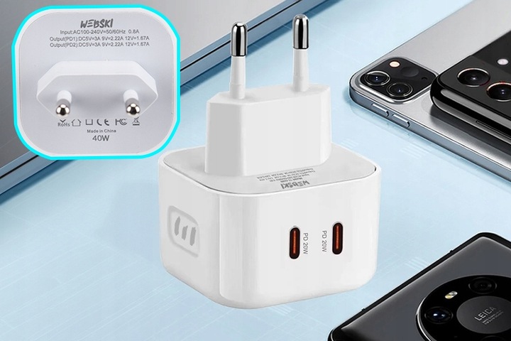 ŁADOWARKA SIECIOWA 40W 2xUSB-C Z SZYBKIM ŁADOWANIEM + KABEL USB-C LIGHTNING
