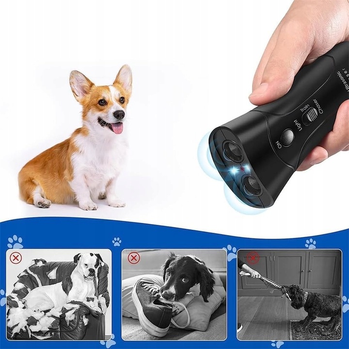 Ultradźwiękowy Odstraszacz Psów Treser Elektryczny z Latarką LED