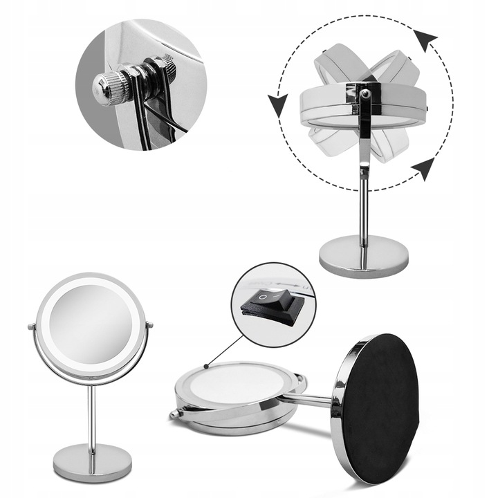 LUSTERKO KOSMETYCZNE DWUSTRONNE 13 cm PODŚWIETLANE LED LUSTRO STOJĄCE