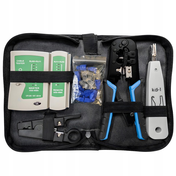 TESTER SIECIOWY ZACISKARKA STRIPPER WCISKACZ WTYKI RJ45 ZESTAW XXL + ETUI