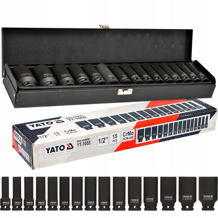 YATO ZESTAW KOMPLET NASADKI KLUCZE UDAROWE DŁUGIE 1/2 15 EL WALIZKA