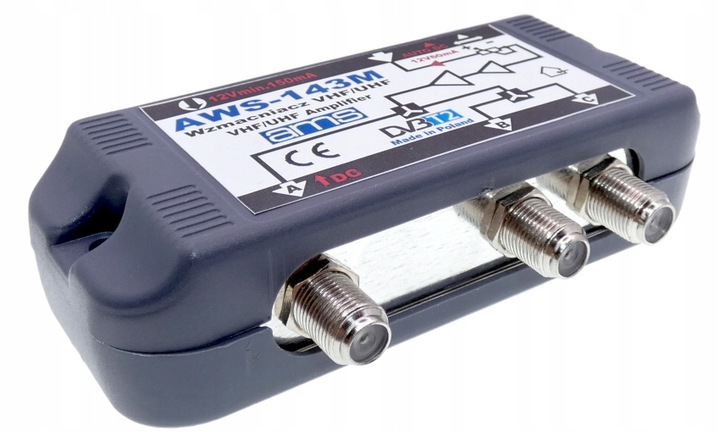 Wzmacniacz antenowy DVB-T2 budynkowy do 3 TV AWS-143M + zasilacz AMS
