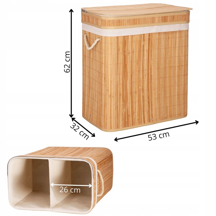 KOSZ BAMBUSOWY NA PRANIE BIELIZNĘ DWUKOMOROWY Z POKRYWĄ POJEMNIK DUŻY 100L