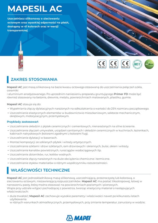 Silikon sanitarny Mapesil AC Mapei kolor 100 biały 310 ml