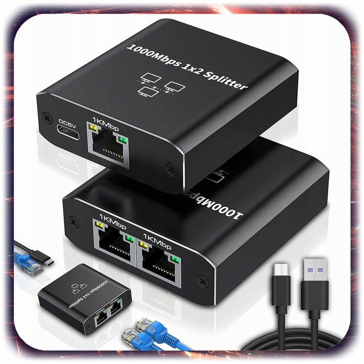 SPLITTER LAN 1x2 SWITCH ROZDZIELACZ ADAPTER 2xRJ45 ETHERNET 1000Mbps 1GB