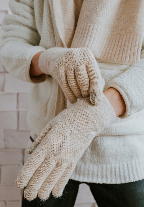 Komplet czapka ocieplana pompon szalik rękawiczki dotykowe do telefonu