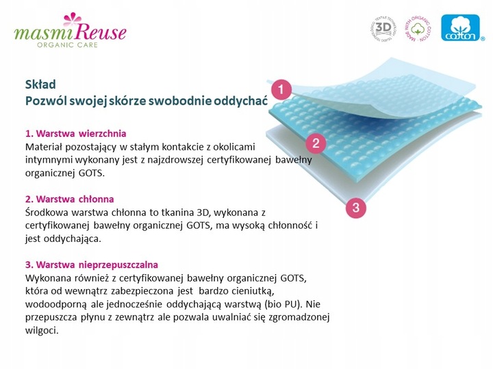 Majtki menstruacyjne ekologiczne Masmi CLASSIC L 100% bawełna gw.100 prań