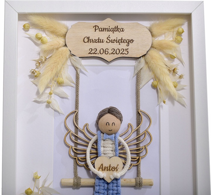 MAKRAMA RAMKA ANIOŁ PREZENT PAMIĄTKA CHRZTU ŚWIĘTEGO KOMUNII ŚWIĘTEJ