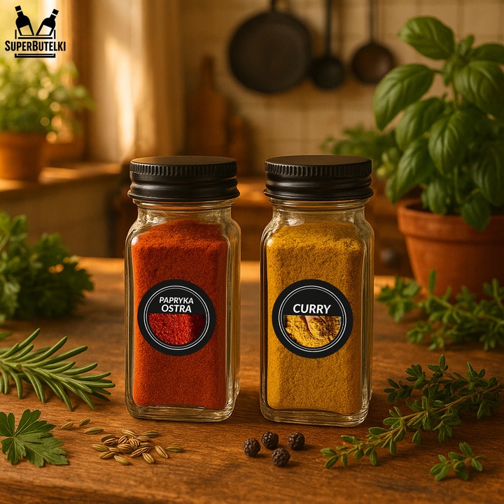 SZKLANE POJEMNIKI NA PRZYPRAWY 24x SŁOICZKI + 200 ETYKIET PRZYPRAWNIK