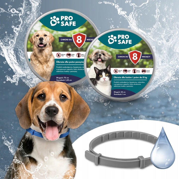 PRO SAFE Obroża na KLESZCZE PCHŁY psów kotów do 8kg ANTYKLESZCZOWA 38cm