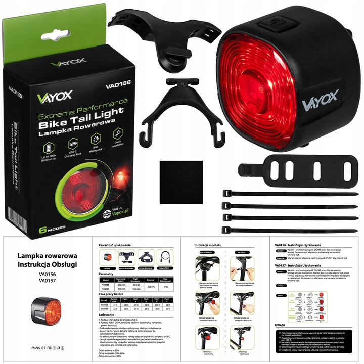 LAMPKA ROWEROWA TYLNA CZERWONA 17xLED WODOODPRONA MOCNA USB-C VAYOX