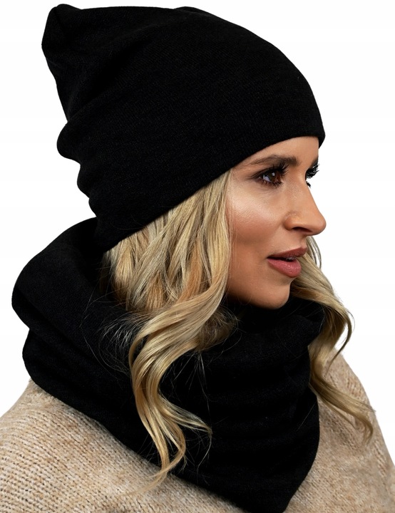 POLSKI Komplet CZAPKA + KOMIN Tunel Szal - CZARNY komplet damski na