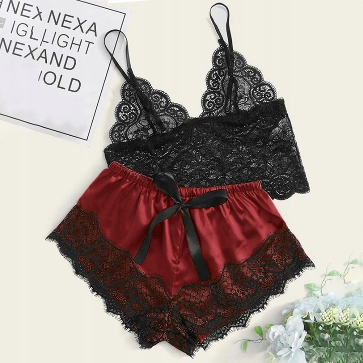 SATYNOWY KOMPLET SEXY BIELIZNA PIŻAMA TOP KOSZULKA NOCNA KORONKA SPODENKI