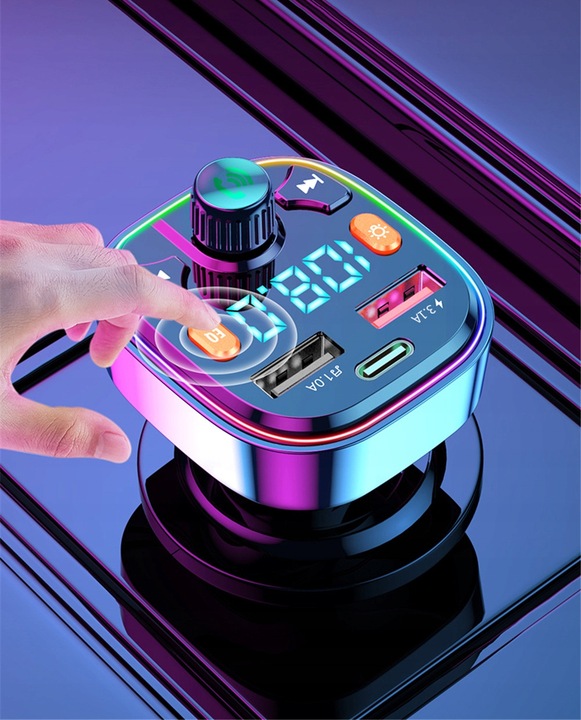 TRANSMITER FM BLUETOOTH 5.0 ŁADOWARKA QC 3.0 PD 20W RGB 2x USB USB-C