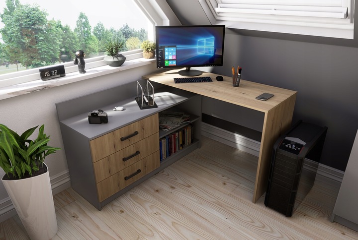Funkcjonalne biurko narożne Omega - 3 szuflady - grafit / dąb artisan