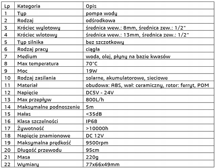 Pompa obiegowa DC 12V 800l/h ZYW680 1/2"