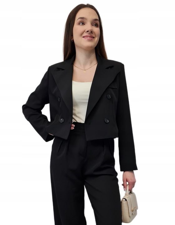 Modna MARYNARKA KRÓTKA Czarna, Nowoczesny Żakiet Damski do Garnituru, r. M