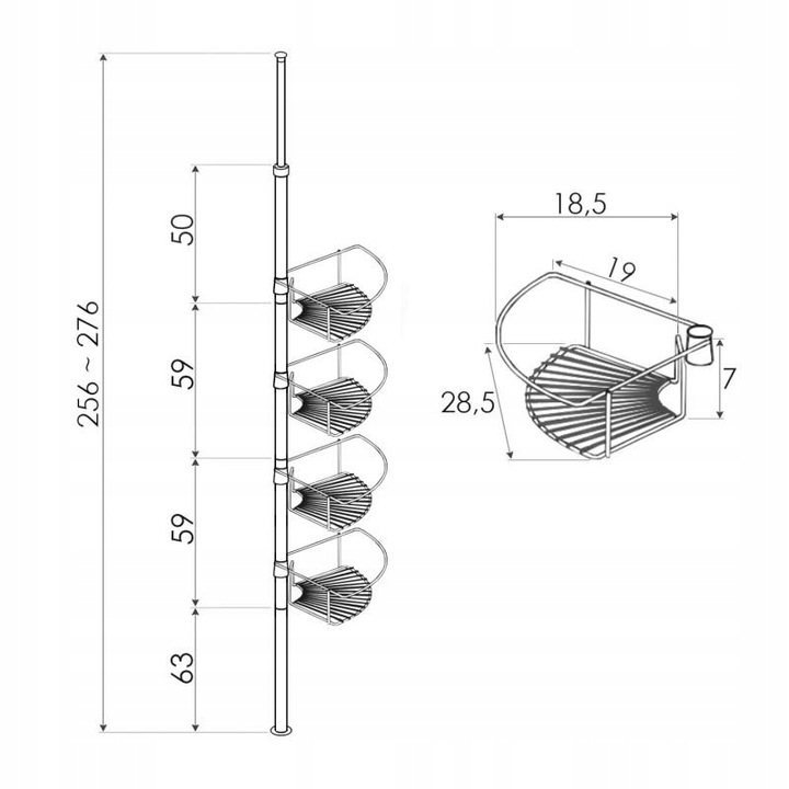 Półka łazienkowa narożna teleskopowa 4 półki do łazienki toalety WC