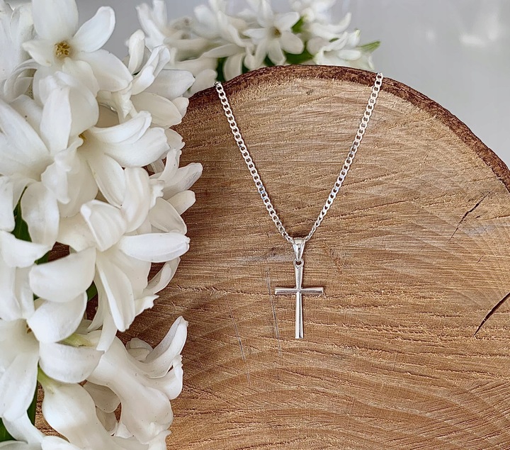 SREBRNY ZESTAW KOMUNIJNY ŁAŃCUSZEK I KRZYŻYK 40CM NA PREZENT