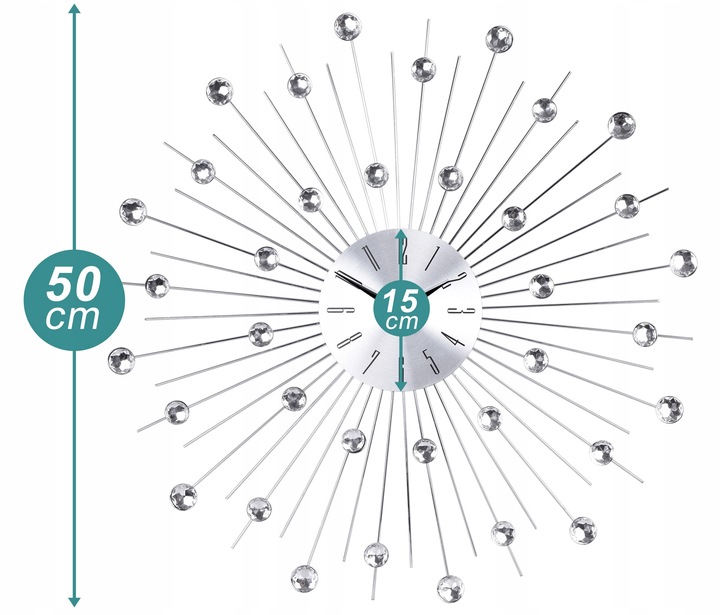 ZEGAR ŚCIENNY KRYSZTAŁKI SREBRNY SŁOŃCE DUŻY STYLOWY NA ŚCIANĘ CRISTAL 50cm